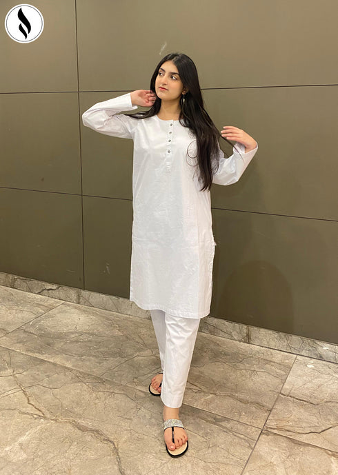 NZSC-1504 Stiched 2 Piece white Co Ord Set Cotton